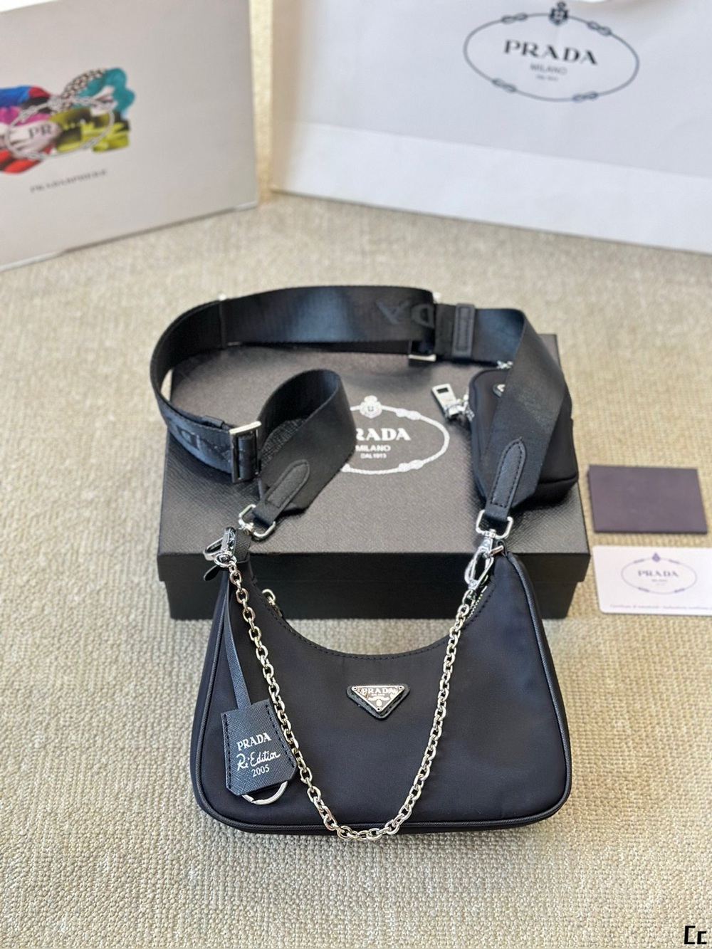 Prada Black Nylon Re-Edition Shoulder Bag with Silver Chain